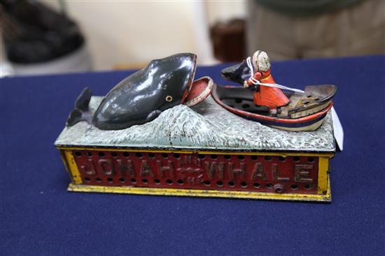 A cast iron Jonah and the whale mechanical money bank, by Shepard Hardware, c.1890, 10.25in.